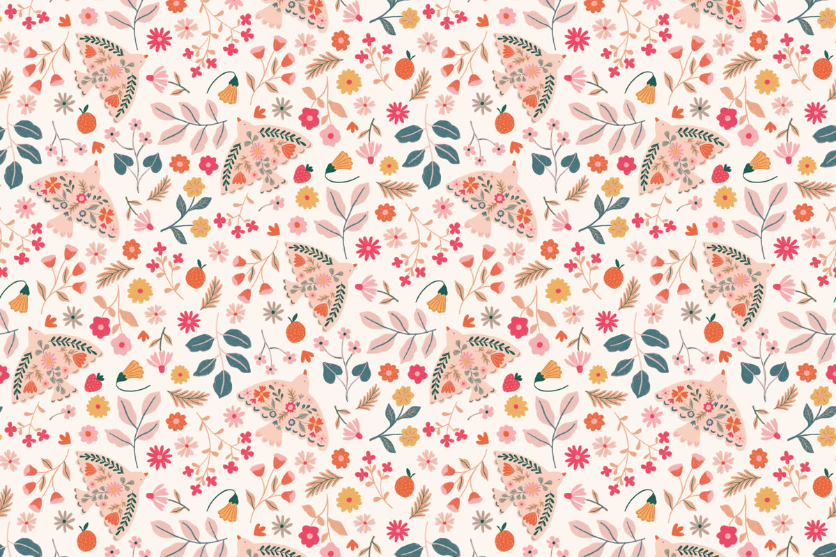 Flat pattern view of The Songbird Parterre wallpaper in blush and coral, showing the folk songbirds and blooms