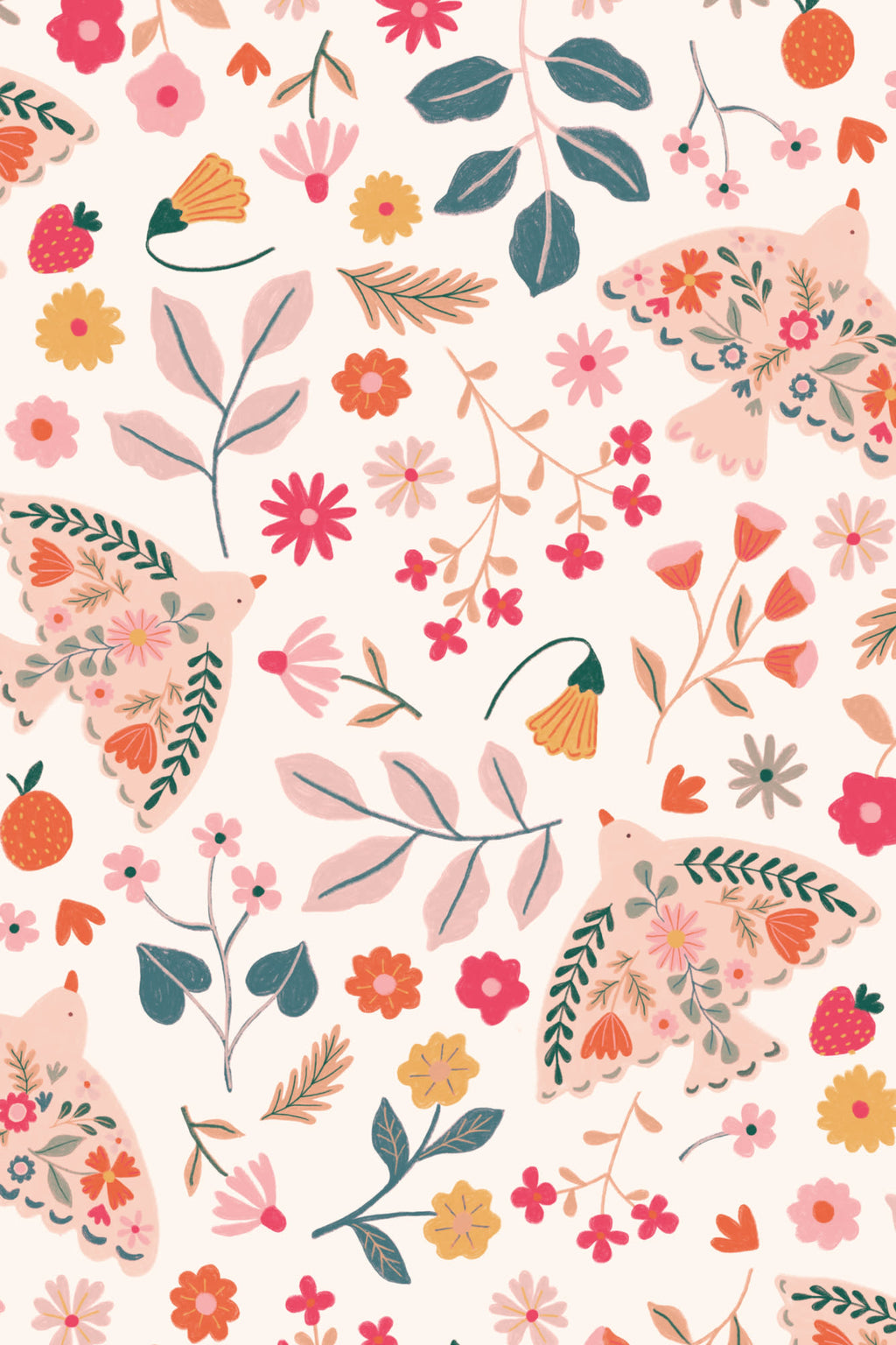 Close-up of The Songbird Parterre wallpaper in blush and coral showing the folk songbirds and blooms in detail
