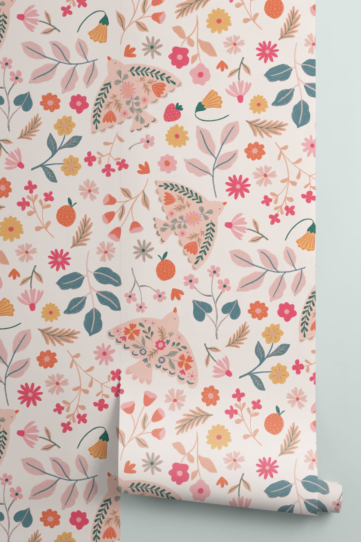 Roll of The Songbird Parterre wallpaper in blush and coral