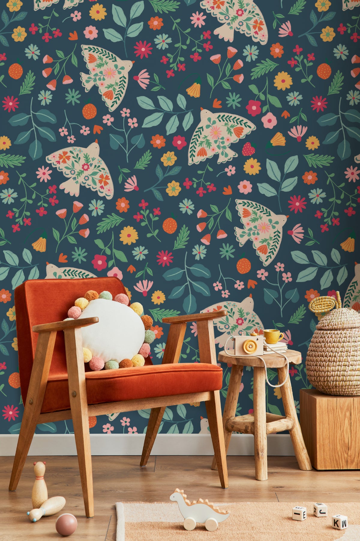 The Songbird Parterre wallpaper in midnight navy on a nursery wall