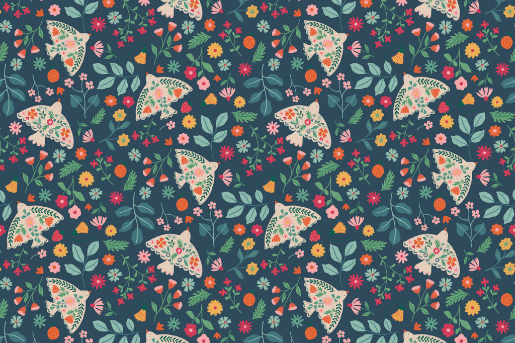Flat pattern view of The Songbird Parterre wallpaper in midnight navy, showing the folk songbirds and blooms
