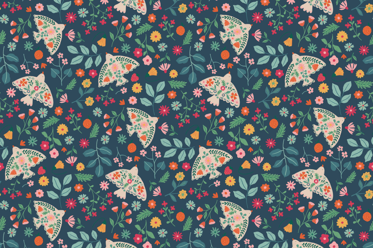 Flat pattern view of The Songbird Parterre wallpaper in midnight navy, showing the folk songbirds and blooms