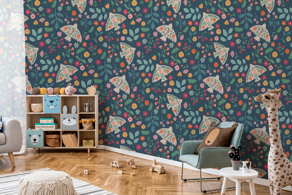 The Songbird Parterre wallpaper in midnight navy in a child's bedroom