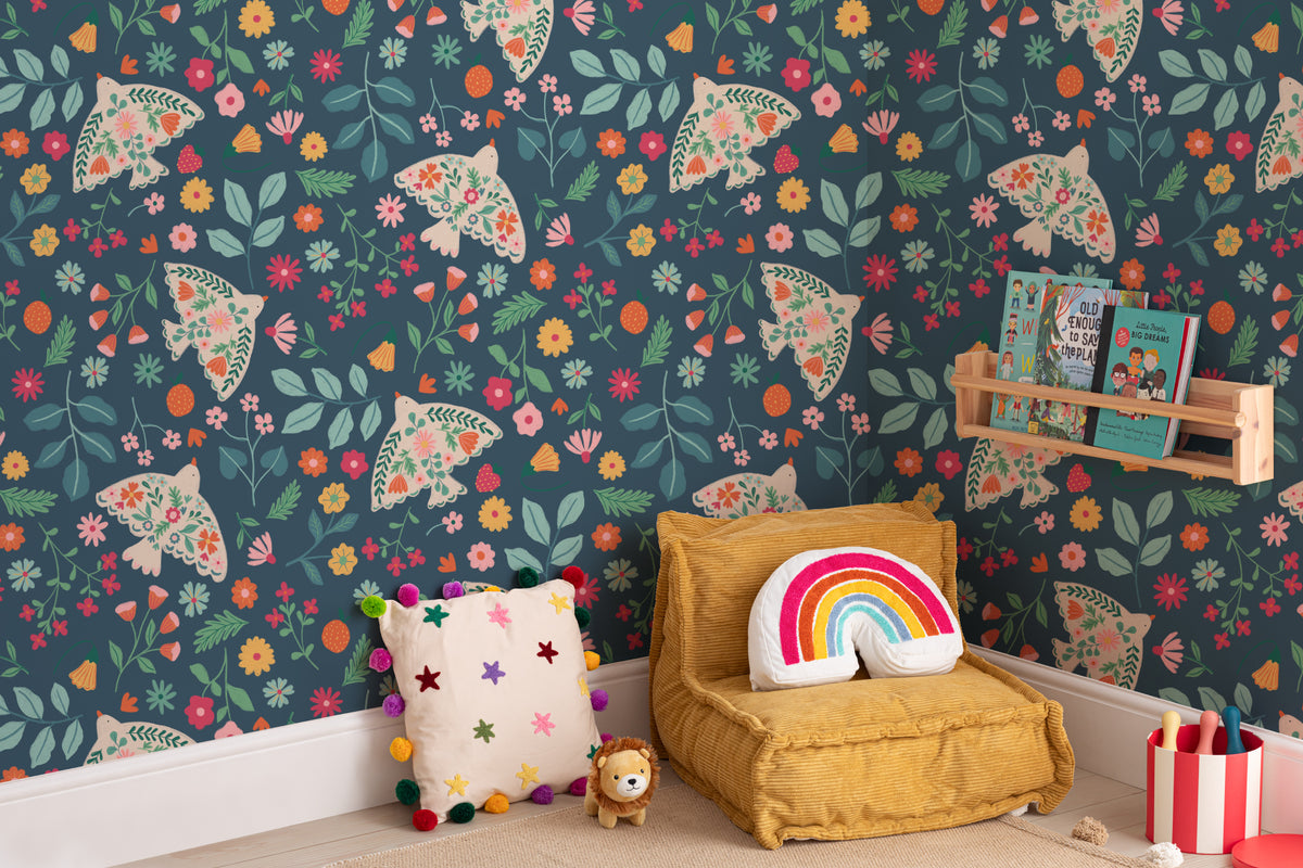 The Songbird Parterre wallpaper in midnight navy in a children's room setting
