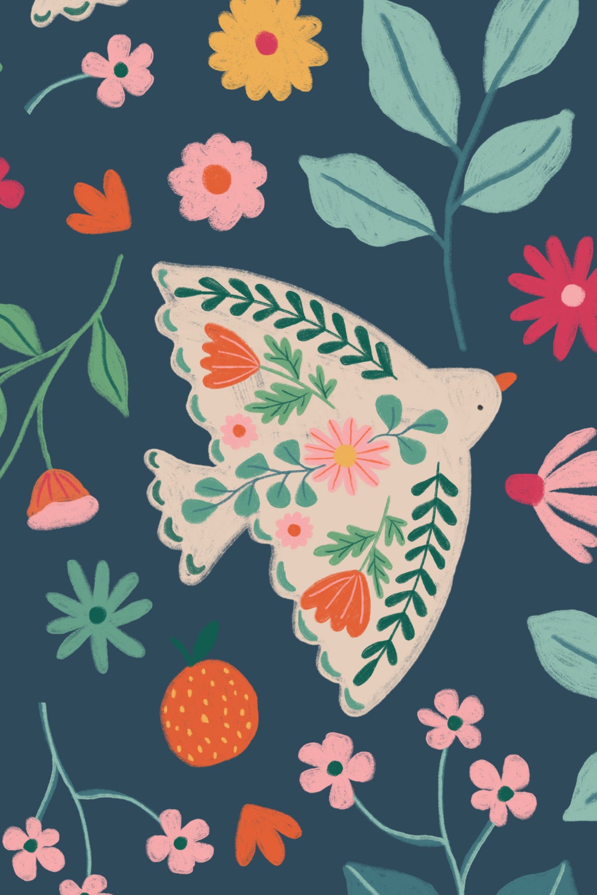 Close-up of The Songbird Parterre wallpaper in midnight navy showing the folk songbirds and blooms in detail