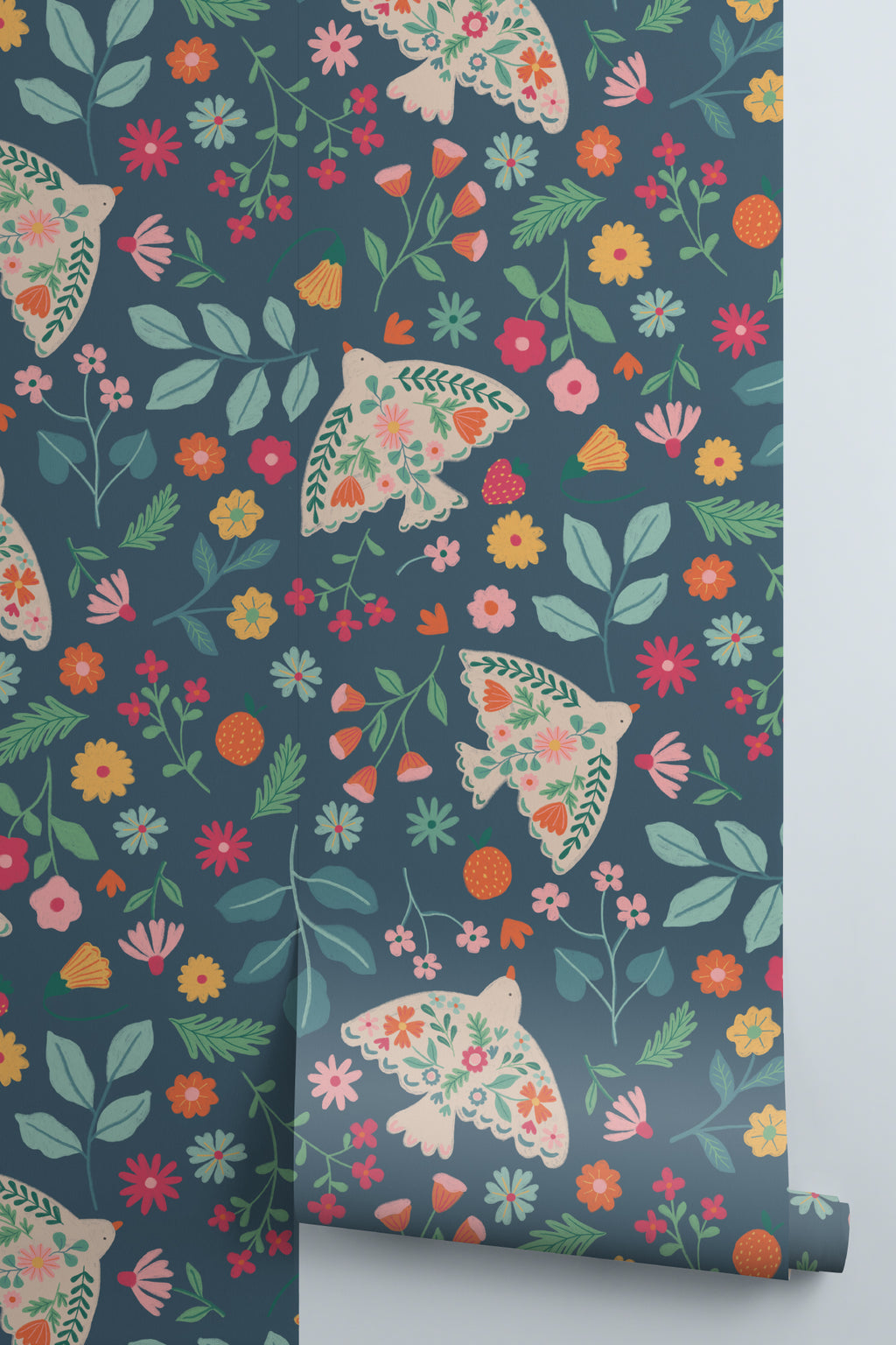 Roll of The Songbird Parterre wallpaper in midnight navy