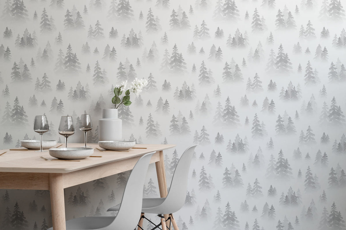 The Spruce Mist mural in fog grey behind a desk in a home office