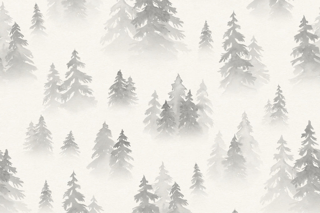 Full artwork view of The Spruce Mist mural in fog grey, showing watercolour spruce trees in mist
