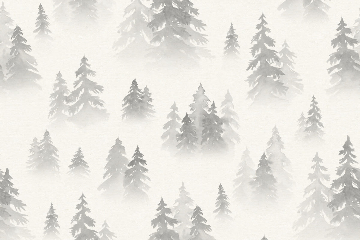 Full artwork view of The Spruce Mist mural in fog grey, showing watercolour spruce trees in mist