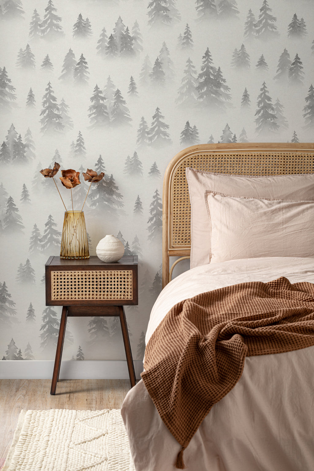 The Spruce Mist mural in fog grey behind a styled console