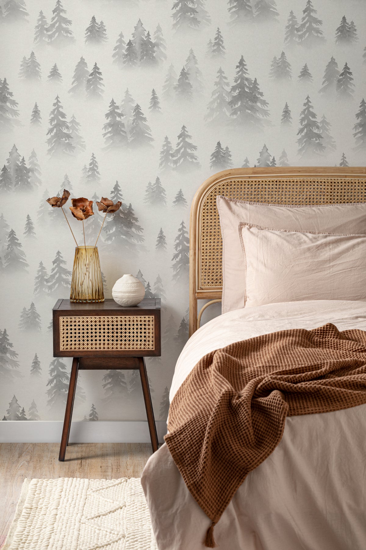 The Spruce Mist mural in fog grey behind a styled console