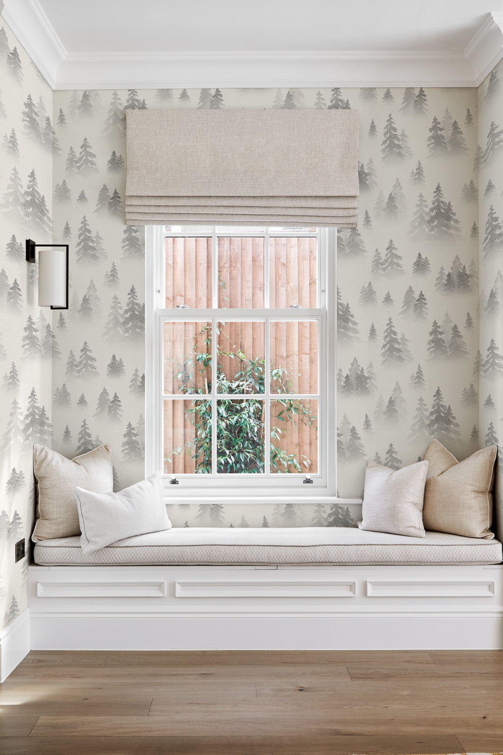 The Spruce Mist mural in fog grey in a calm bedroom setting
