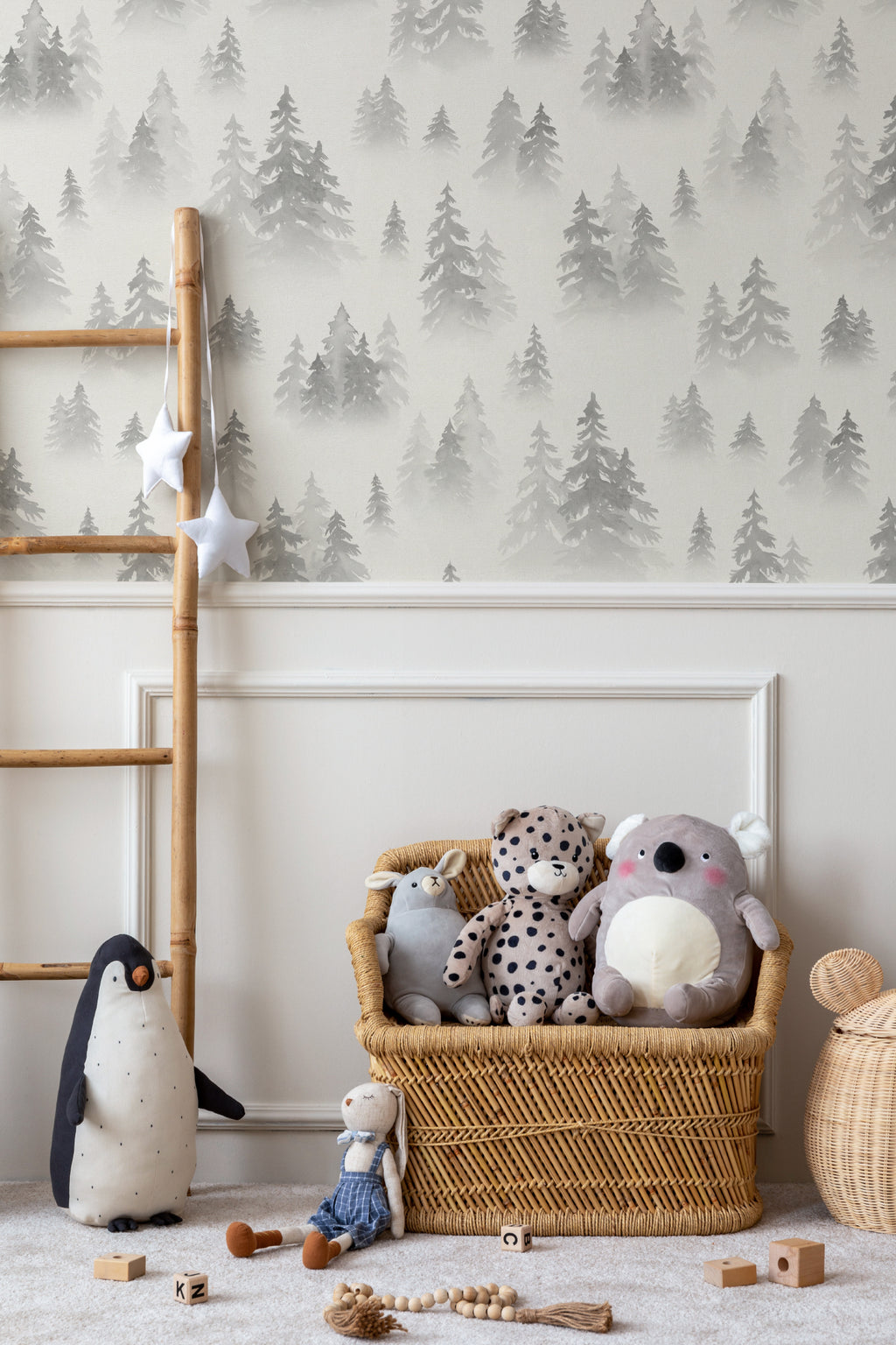 The Spruce Mist mural in fog grey in a child's bedroom