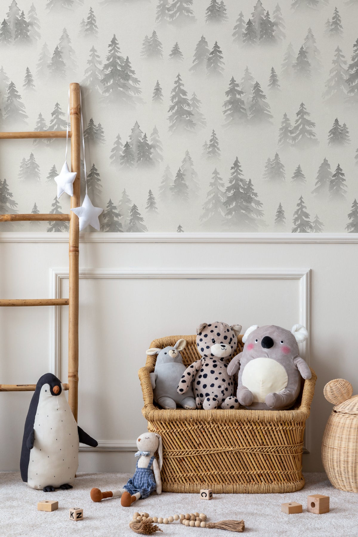 The Spruce Mist mural in fog grey in a child's bedroom