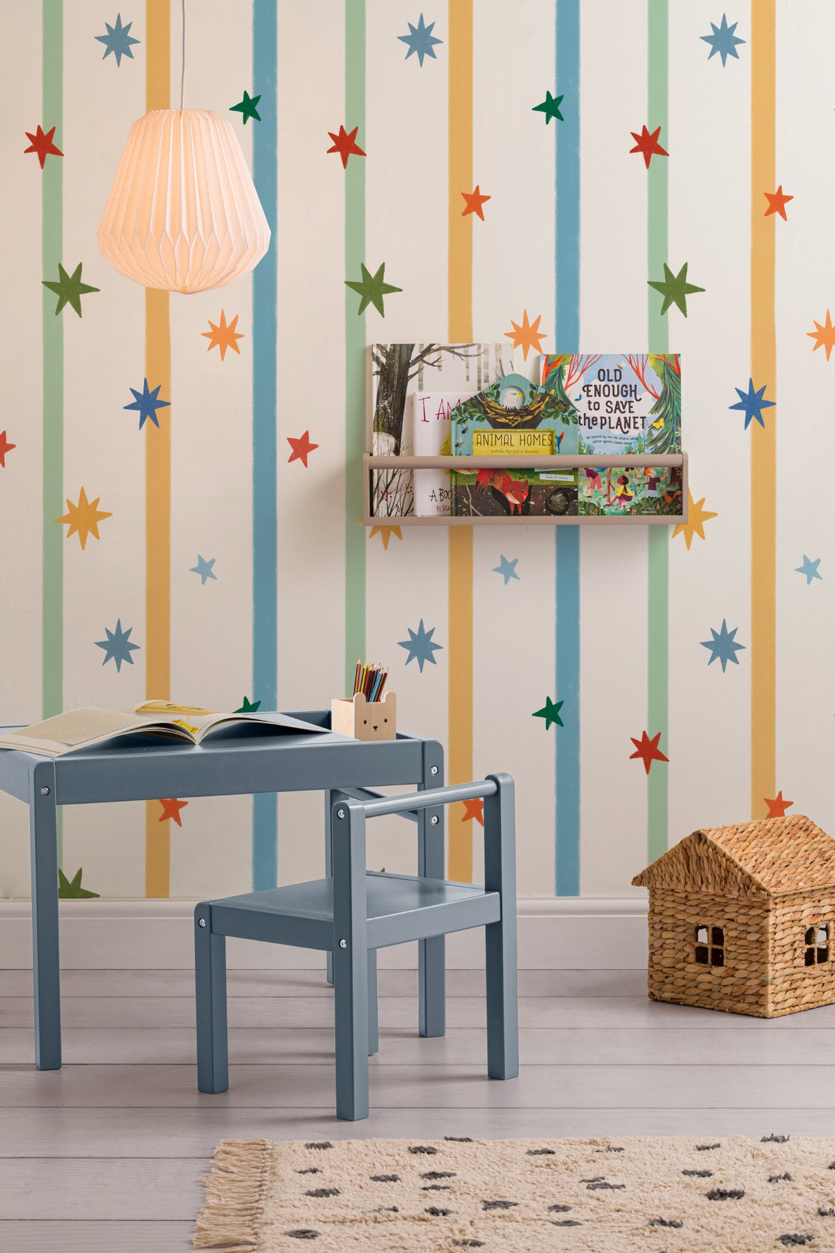 The Star Ribbon mural in sunflower and sky in a children's room setting