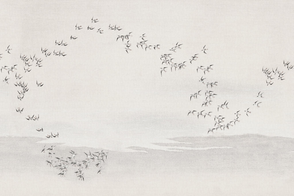 Full artwork view of The Starling Murmuration mural in mist grey and oat, showing birds sweeping over still water