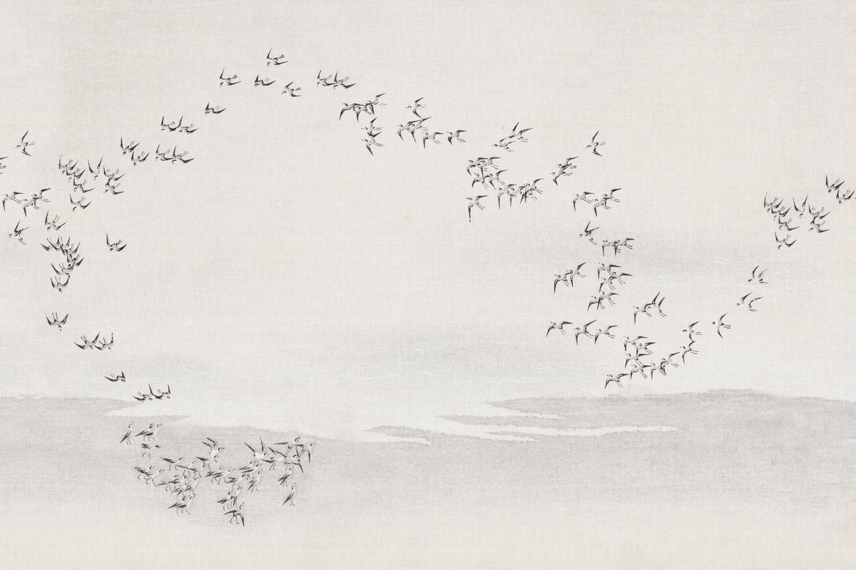 Full artwork view of The Starling Murmuration mural in mist grey and oat, showing birds sweeping over still water