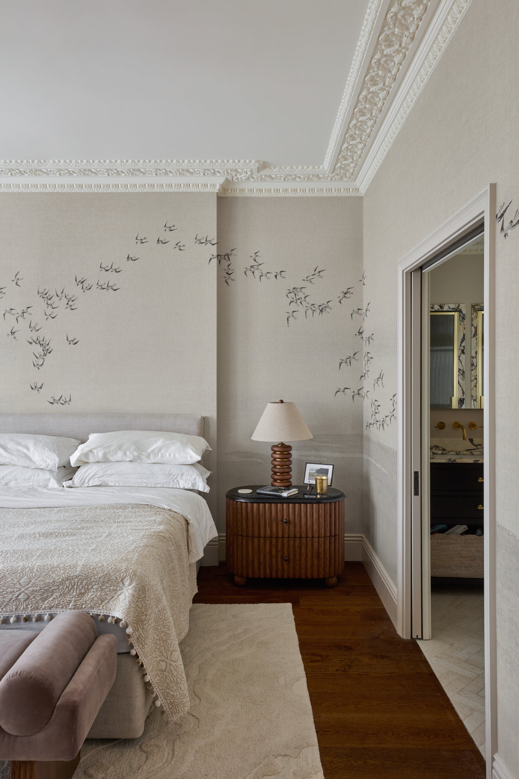 The Starling Murmuration mural in mist grey and oat in a hallway