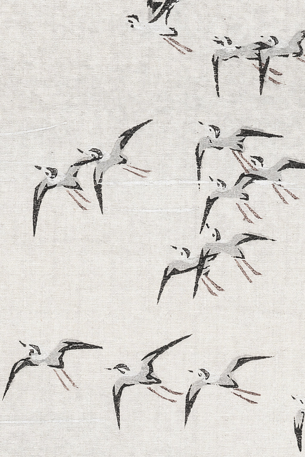 Close-up of The Starling Murmuration mural in mist grey and oat showing the birds sweeping over still water in detail