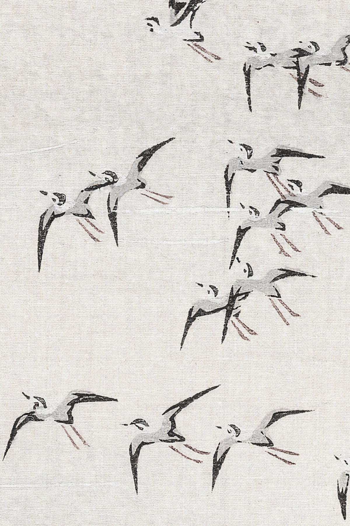 Close-up of The Starling Murmuration mural in mist grey and oat showing the birds sweeping over still water in detail