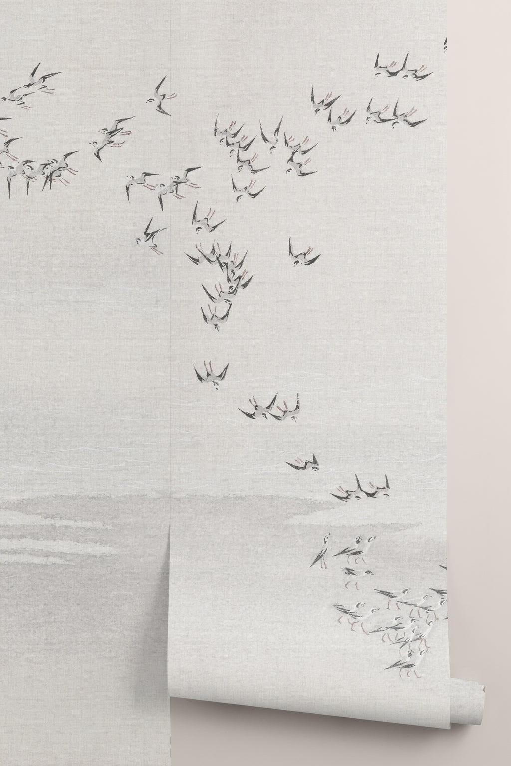 Rolled panel of The Starling Murmuration mural in mist grey and oat
