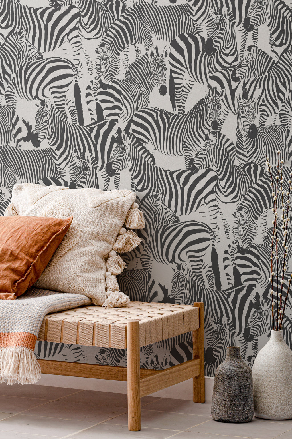 The Striped Herd wallpaper in black and white in a living room