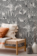 The Striped Herd wallpaper in black and white in a living room