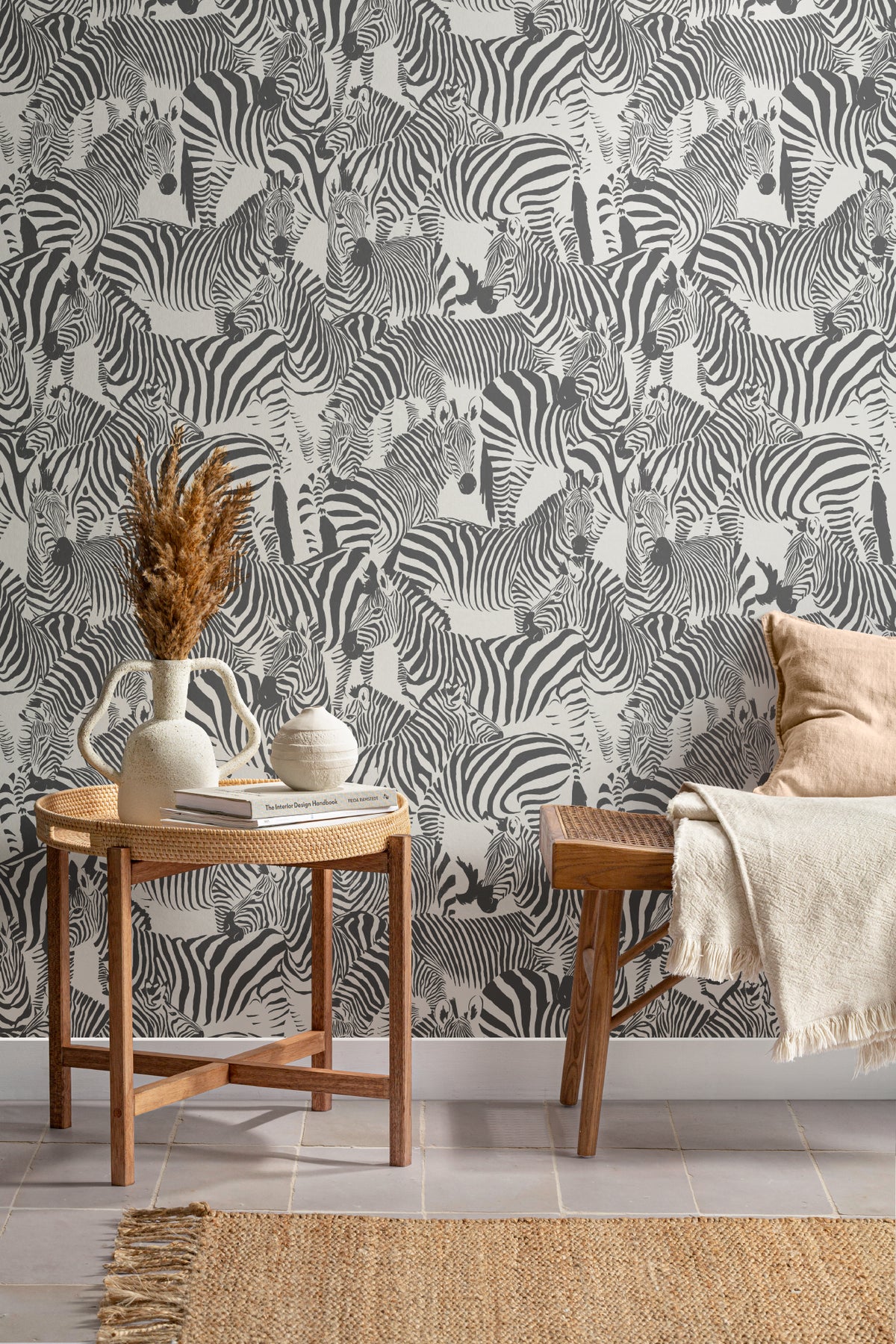 The Striped Herd wallpaper in black and white styled with decor, another view