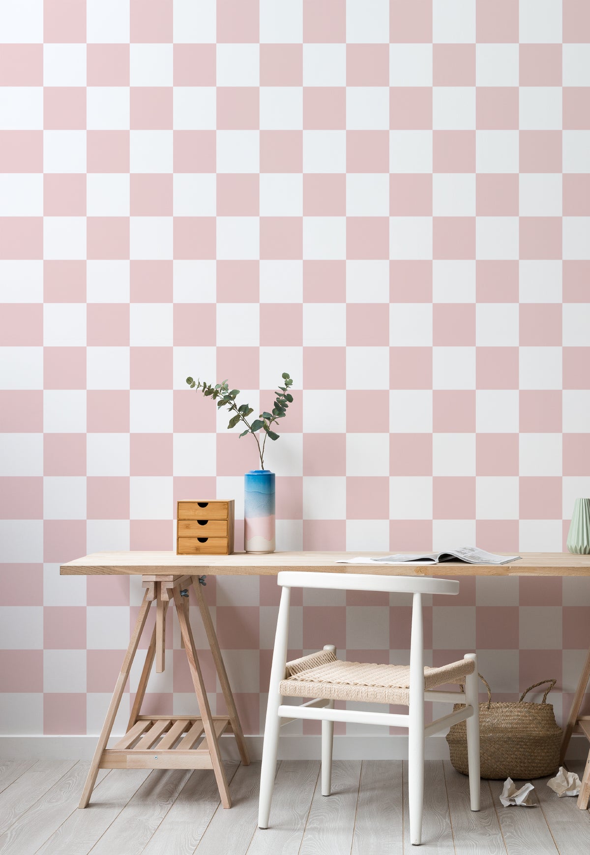 The Sugar Check wallpaper in candy pink and white in a styled vignette