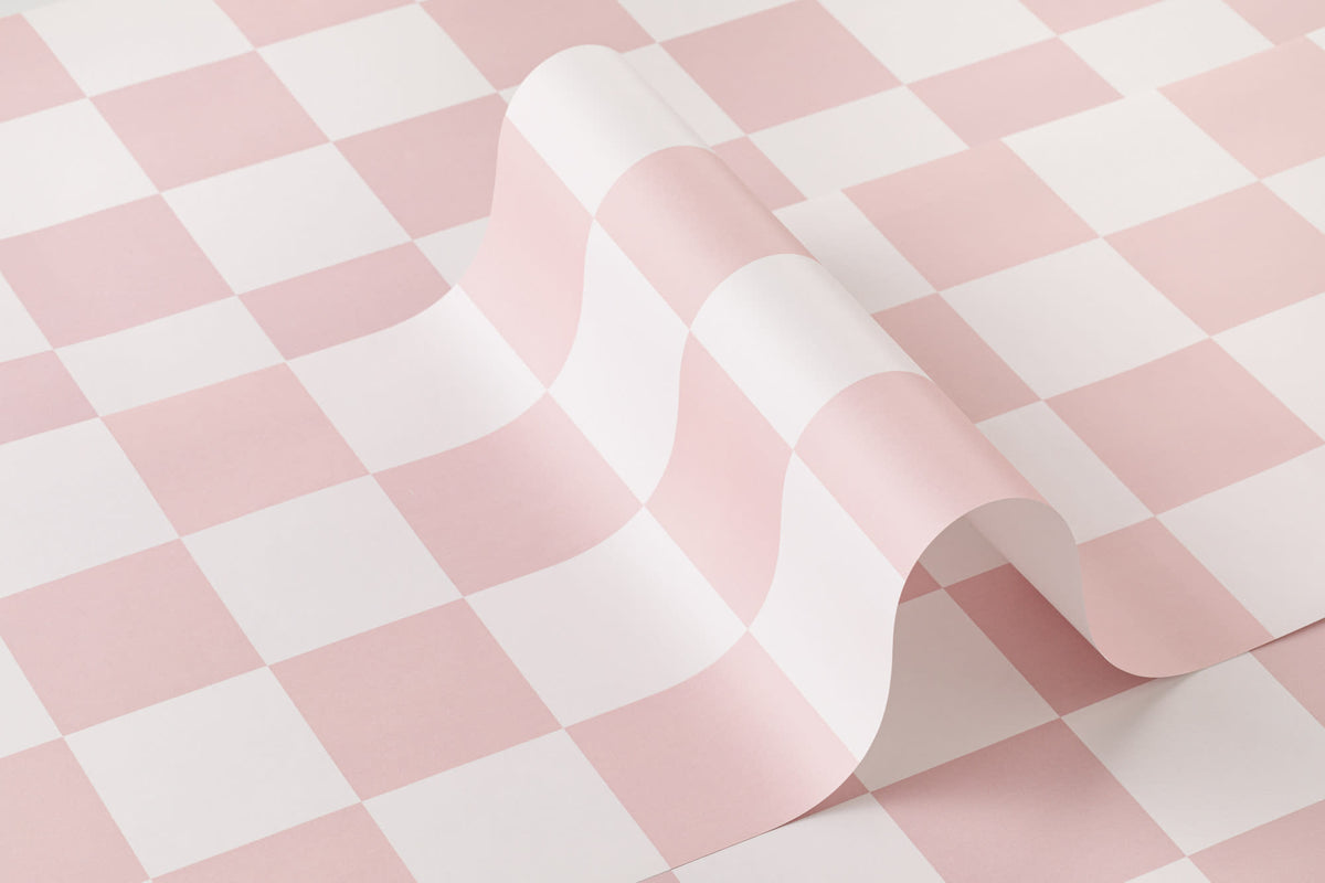 Roll of The Sugar Check wallpaper in candy pink and white