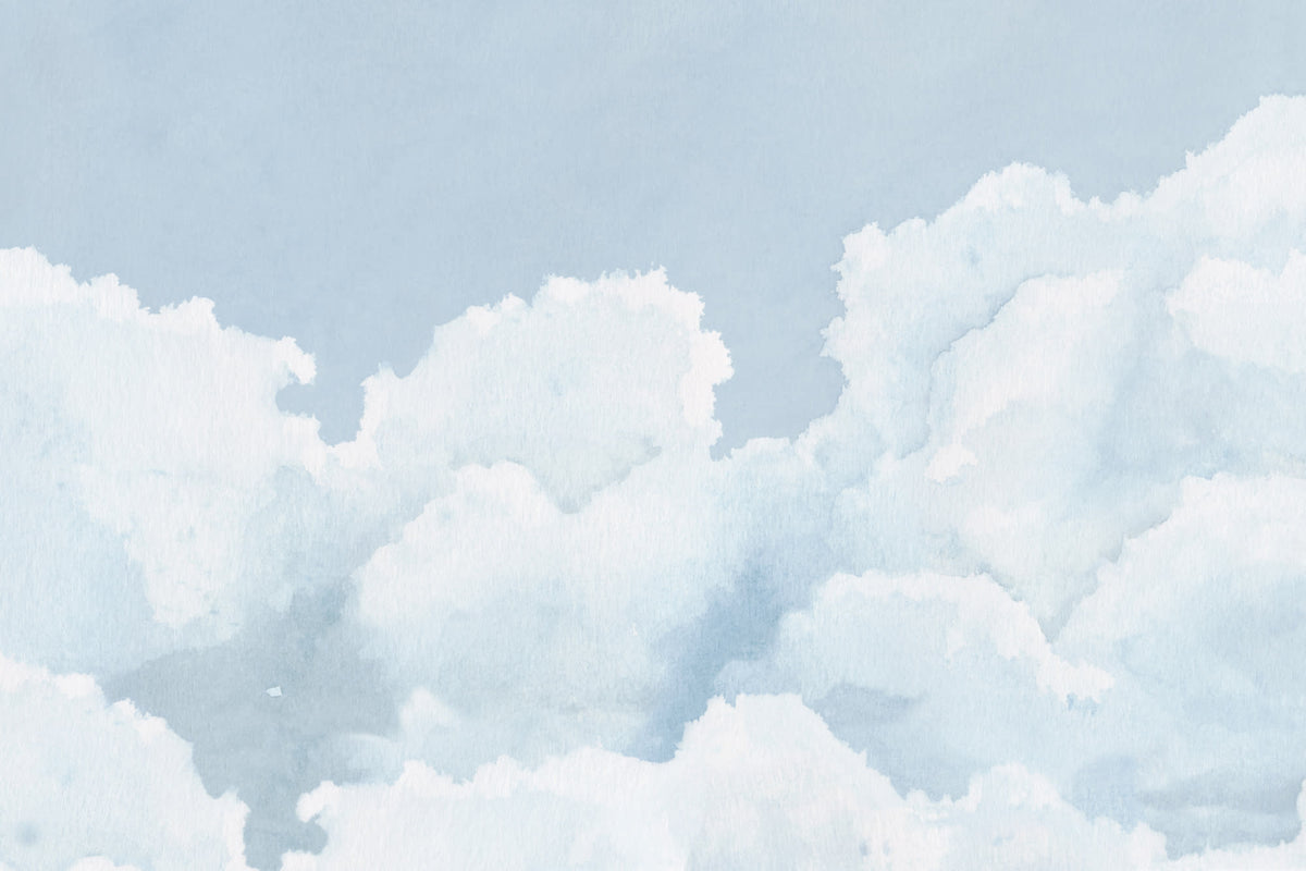 Full artwork view of The Summer Cloudscape mural in pastel sky blue, showing billowing watercolour clouds