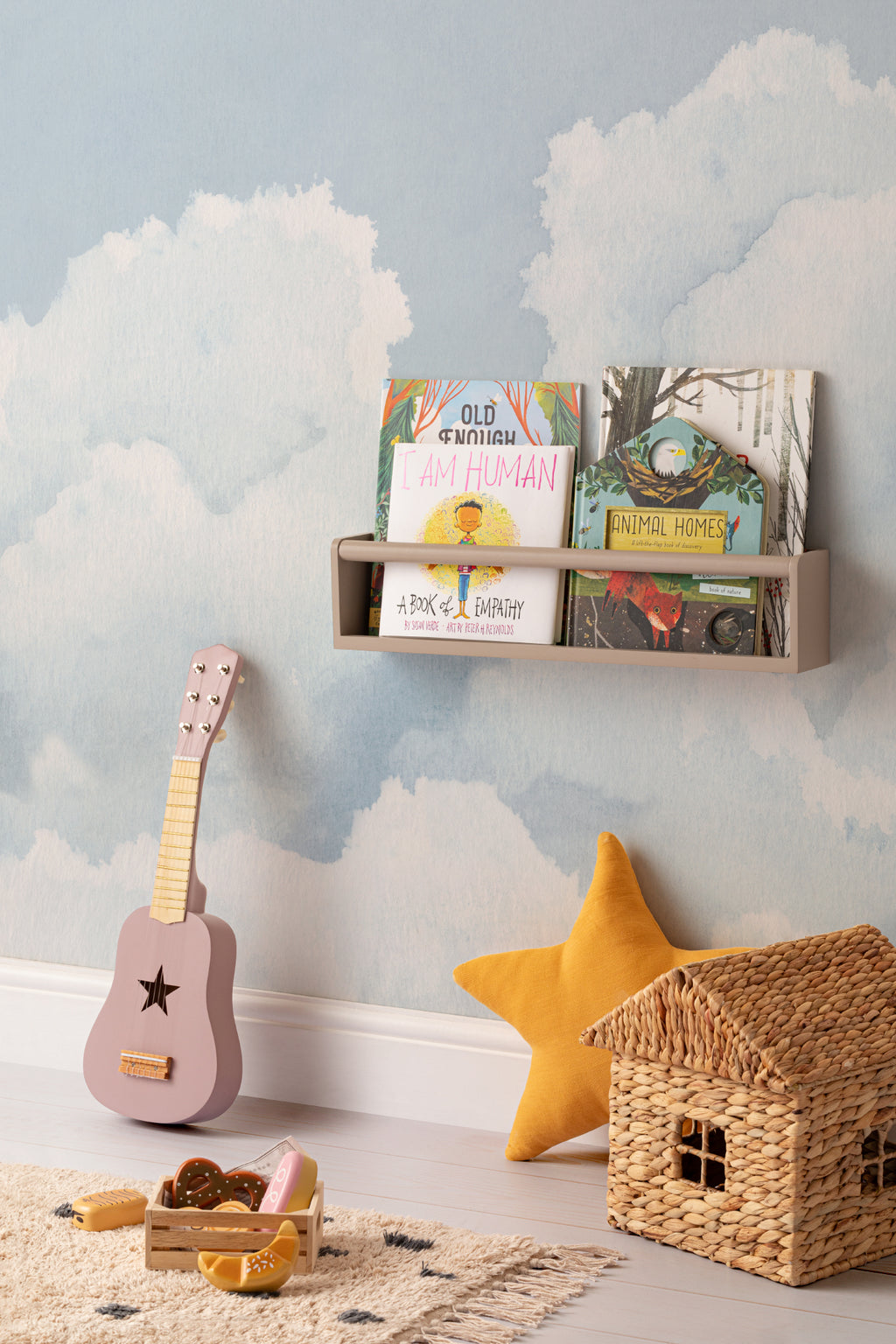 The Summer Cloudscape mural in pastel sky blue in a children's room setting, view 3
