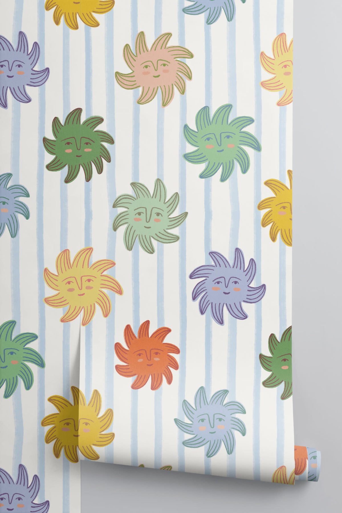Roll of The Sunbeam Stripe wallpaper in duck egg and sunshine, another angle