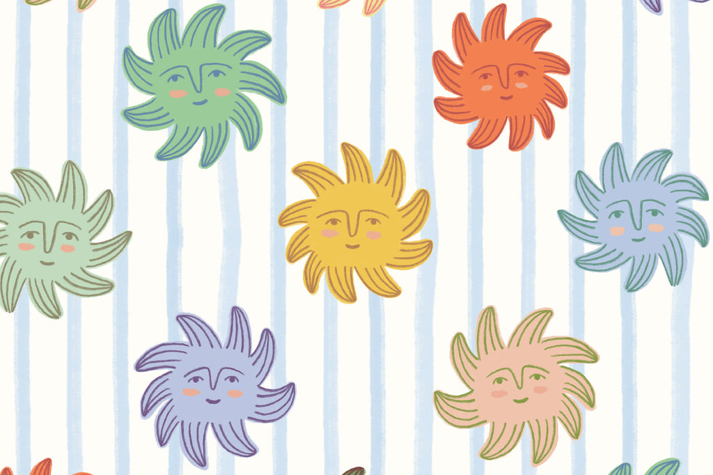 Flat pattern view of The Sunbeam Stripe wallpaper in duck egg and sunshine, showing the smiling suns on a stripe