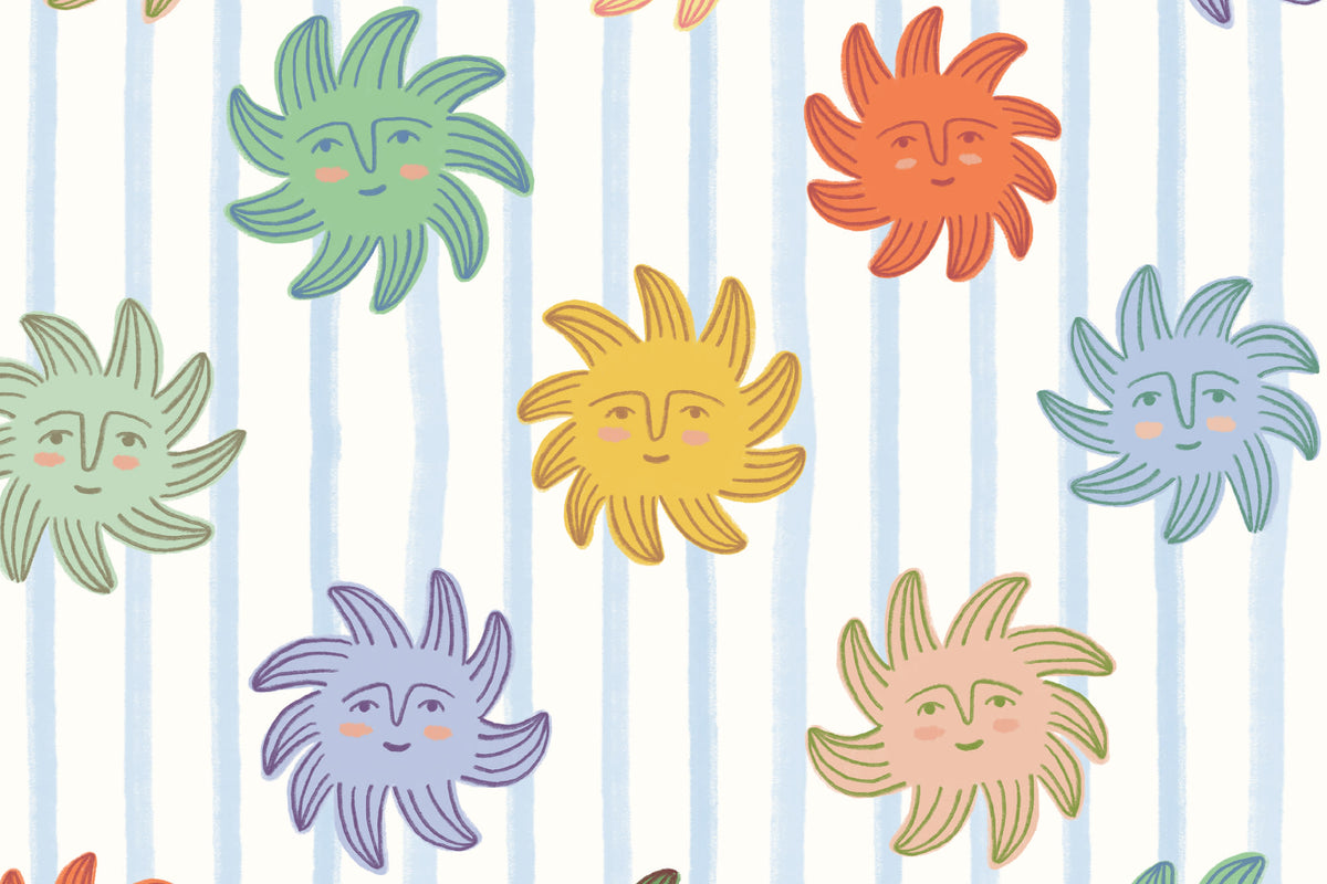 Flat pattern view of The Sunbeam Stripe wallpaper in duck egg and sunshine, showing the smiling suns on a stripe