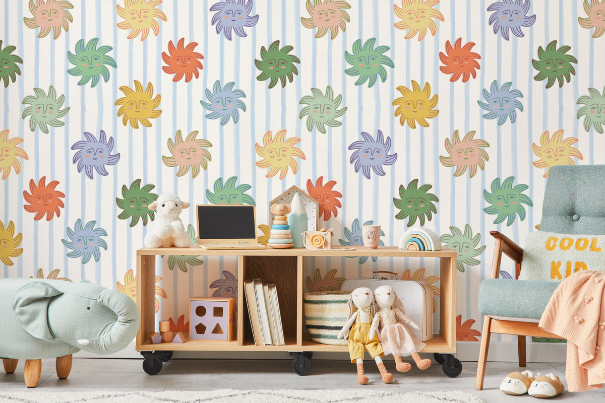 The Sunbeam Stripe wallpaper in duck egg and sunshine in a child's bedroom