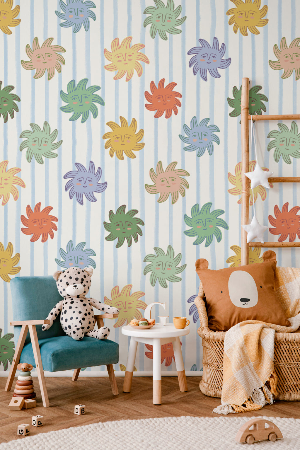 The Sunbeam Stripe wallpaper in duck egg and sunshine in a children's room setting