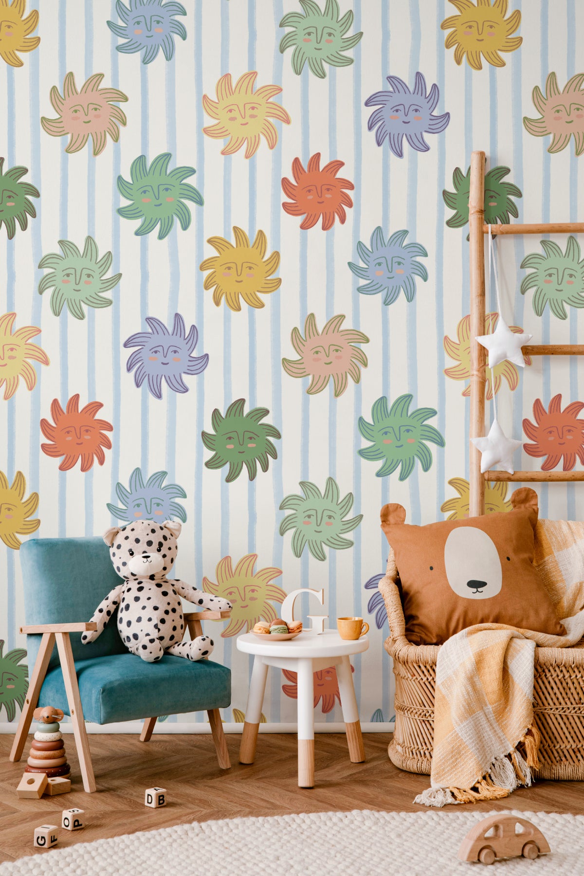 The Sunbeam Stripe wallpaper in duck egg and sunshine in a children's room setting