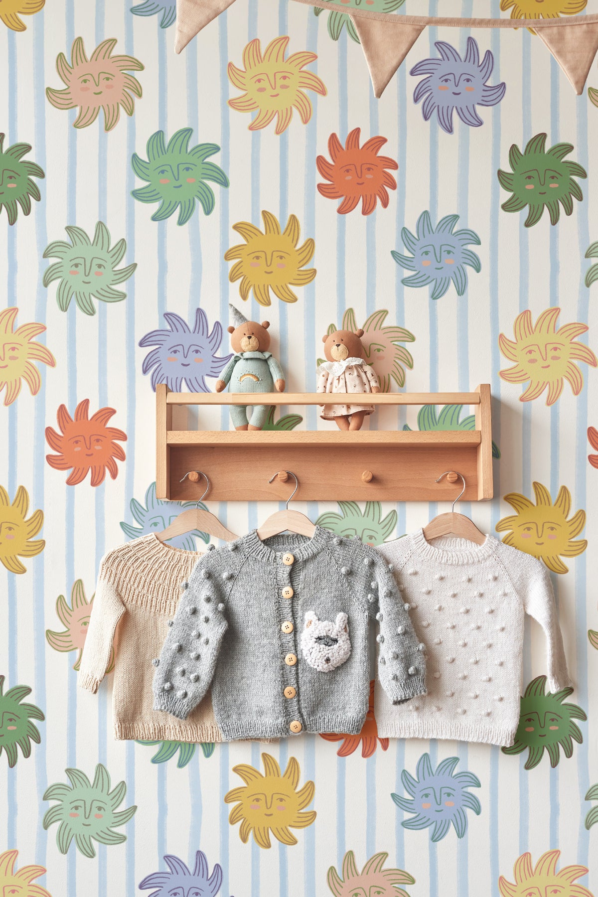 The Sunbeam Stripe wallpaper in duck egg and sunshine in a children's room setting, another angle