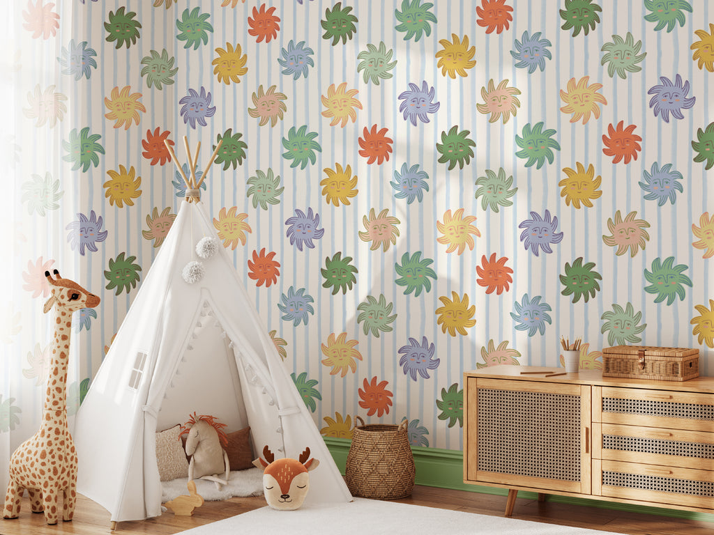 The Sunbeam Stripe wallpaper in duck egg and sunshine in a children's room setting, view 3