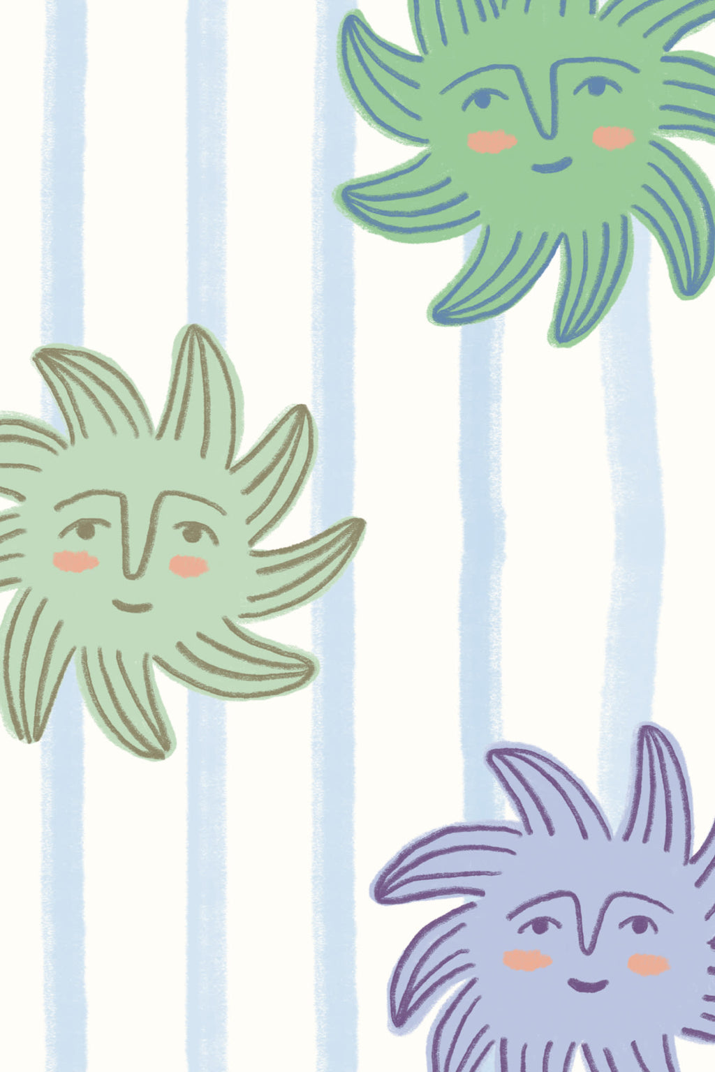 Close-up of The Sunbeam Stripe wallpaper in duck egg and sunshine showing the smiling suns on a stripe in detail