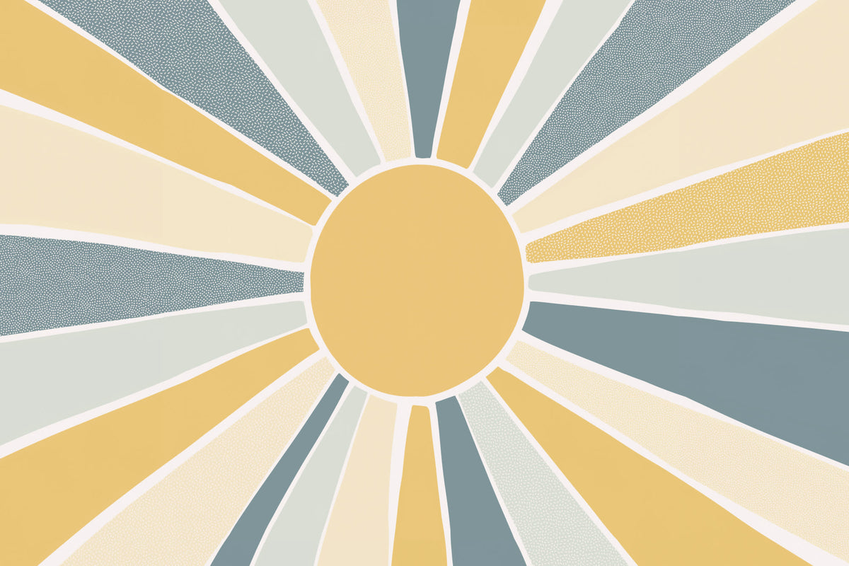 Full artwork view of The Sunburst Morning mural in dusty blue and mustard, showing radiating sunburst