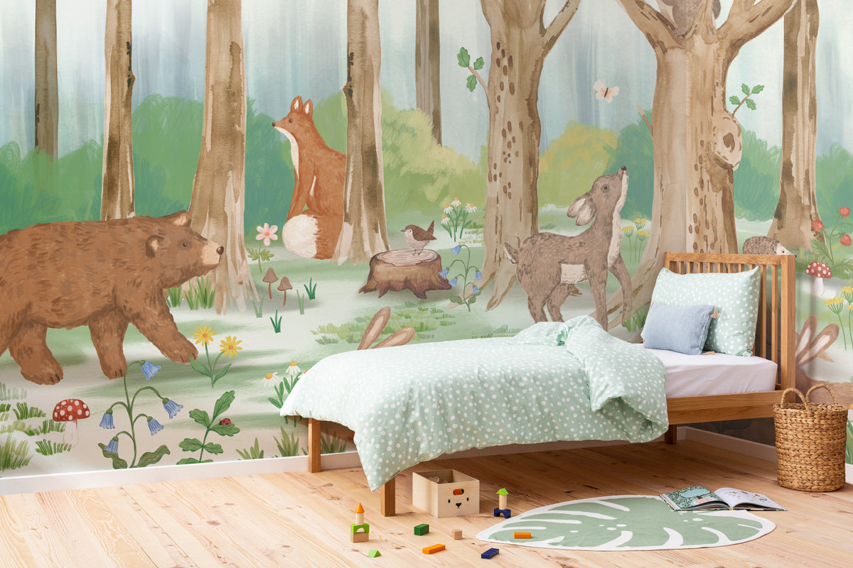 The Sunlit Glade mural in moss and bark on a nursery wall