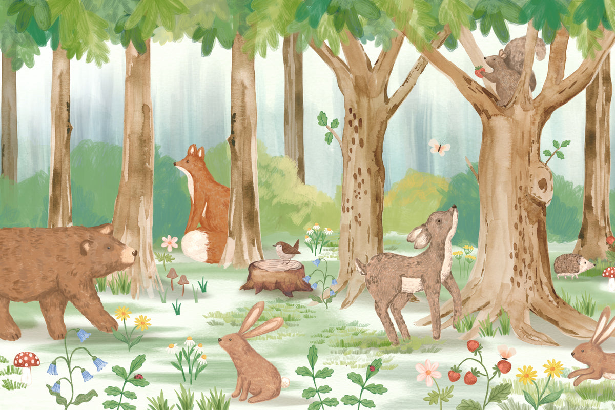 Full artwork view of The Sunlit Glade mural in moss and bark, showing forest animals among trees