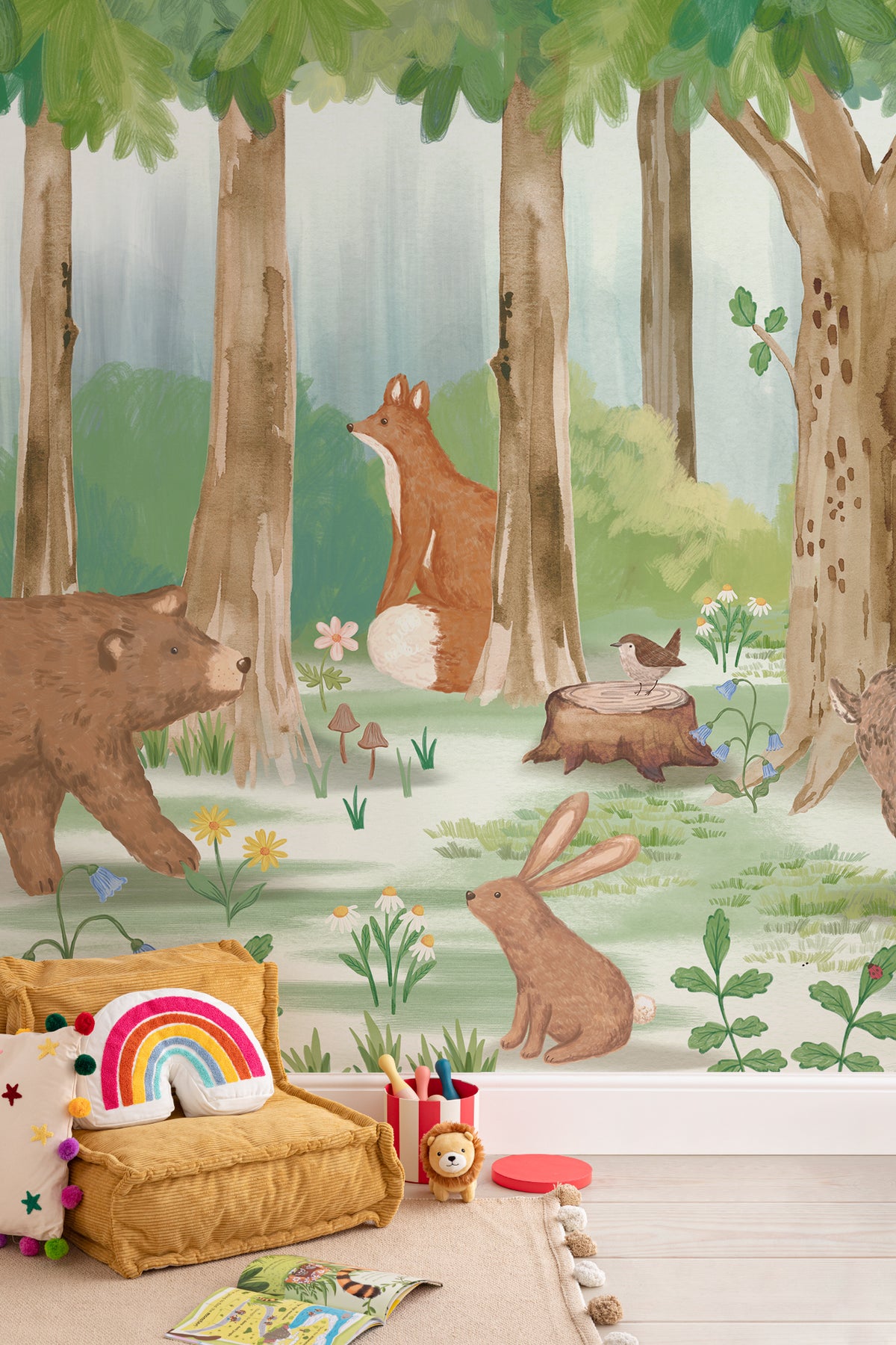 The Sunlit Glade mural in moss and bark in a child's bedroom