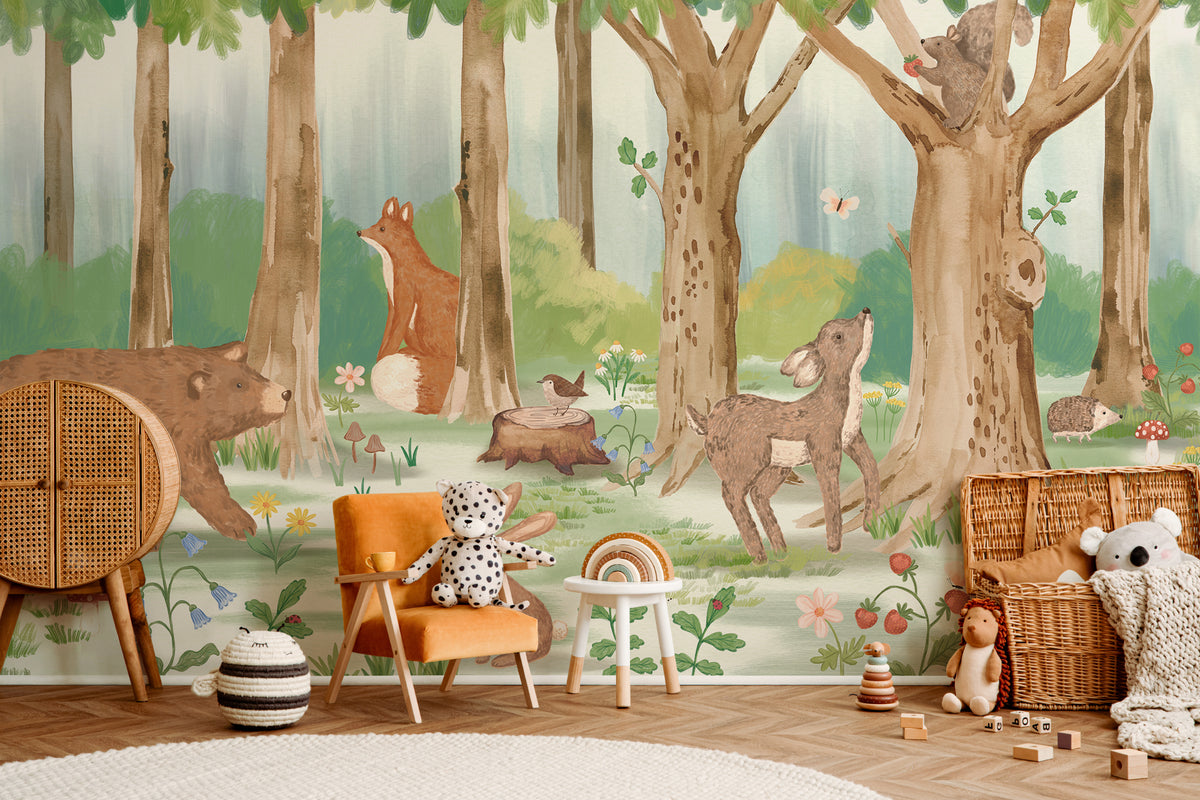 The Sunlit Glade mural in moss and bark behind a kids' play corner
