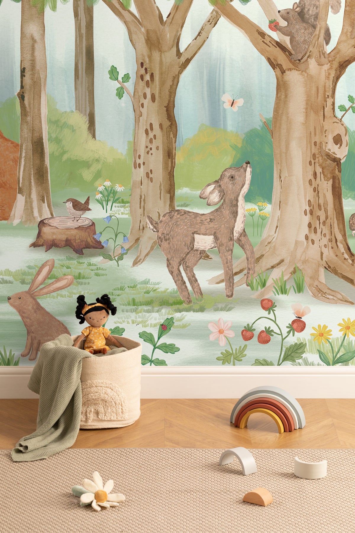 The Sunlit Glade mural in moss and bark in a children's room setting