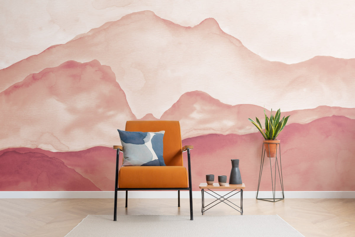 The Sunset Escarpment mural in burnt orange in a living room