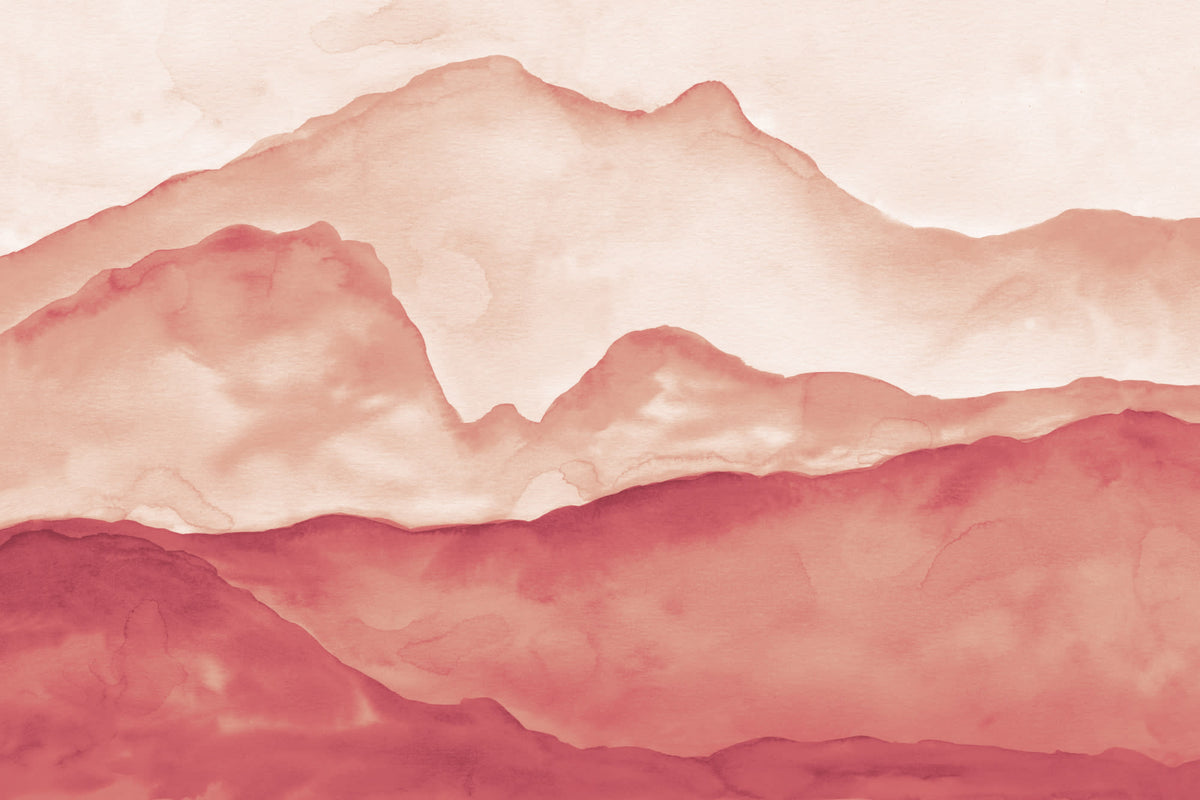Full artwork view of The Sunset Escarpment mural in burnt orange, showing painted mountain layers