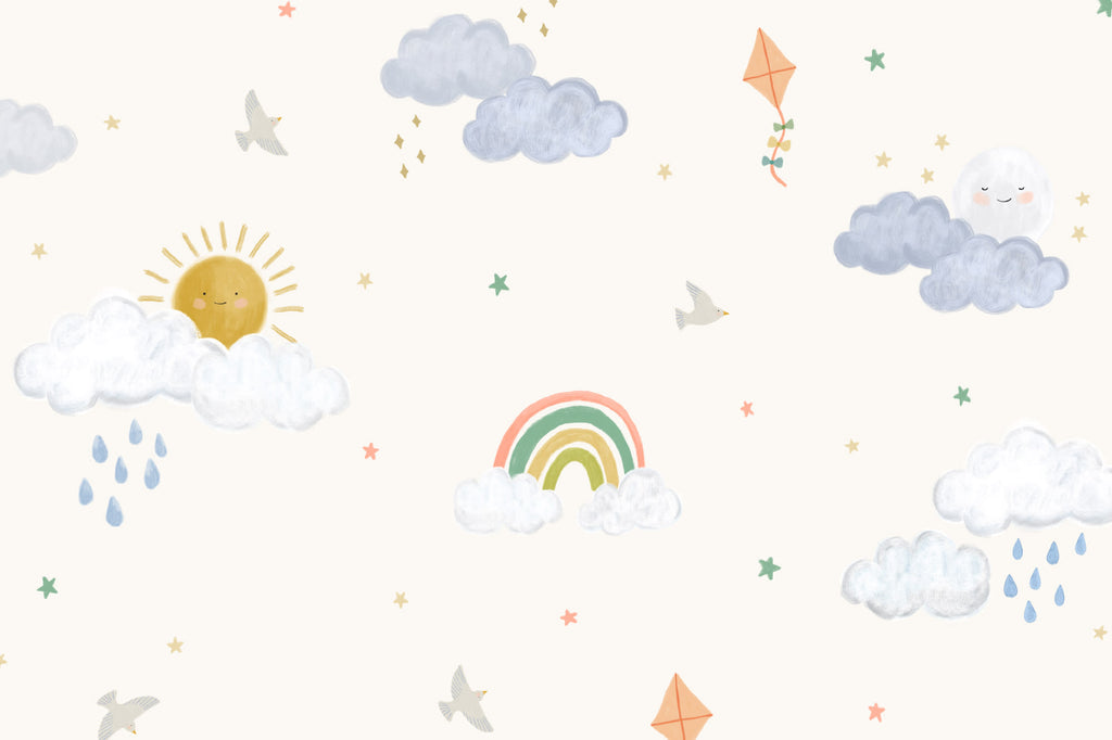Flat pattern view of The Sunshower Sky wallpaper in cream and pastel, showing the suns, clouds and rainbows